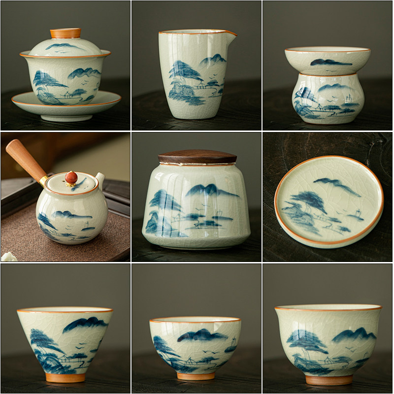 山水画陶瓷青花家用品茗杯套装