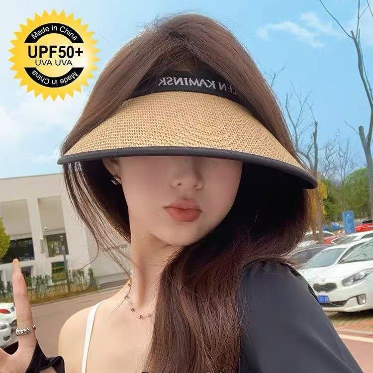 大檐黑胶防晒帽女款夏季防紫外线空顶帽骑行沙滩草编遮阳太阳帽子