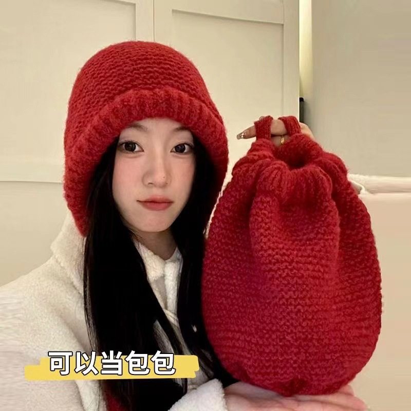 女甜美秋冬季包包帽一款两用慵懒绑带堆堆帽保暖百搭粗针织毛线帽