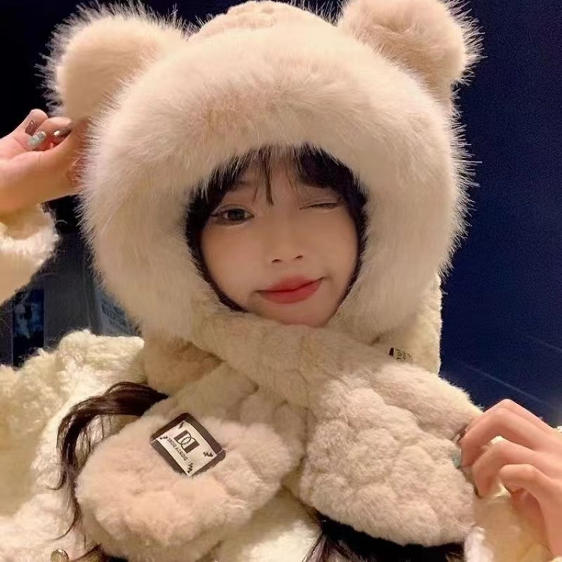 小熊毛绒帽子围巾一体女秋冬季韩版显脸小百搭加厚保暖护耳雷锋帽