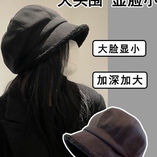 羊羔绒堆堆帽子女秋冬日系素颜加绒渔夫帽显脸小大头围八角贝雷帽