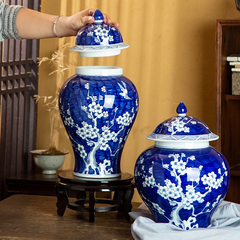 景德镇仿古青花手绘冰梅花瓶陶瓷花器落地水培绿植干花乔迁送礼