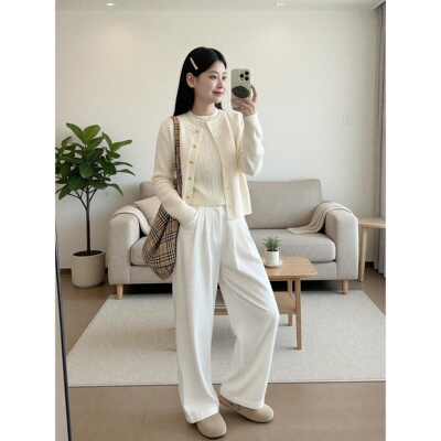 春秋搭配一整套韩系小香风气质女神范针织毛衣外套阔腿裤两件套装