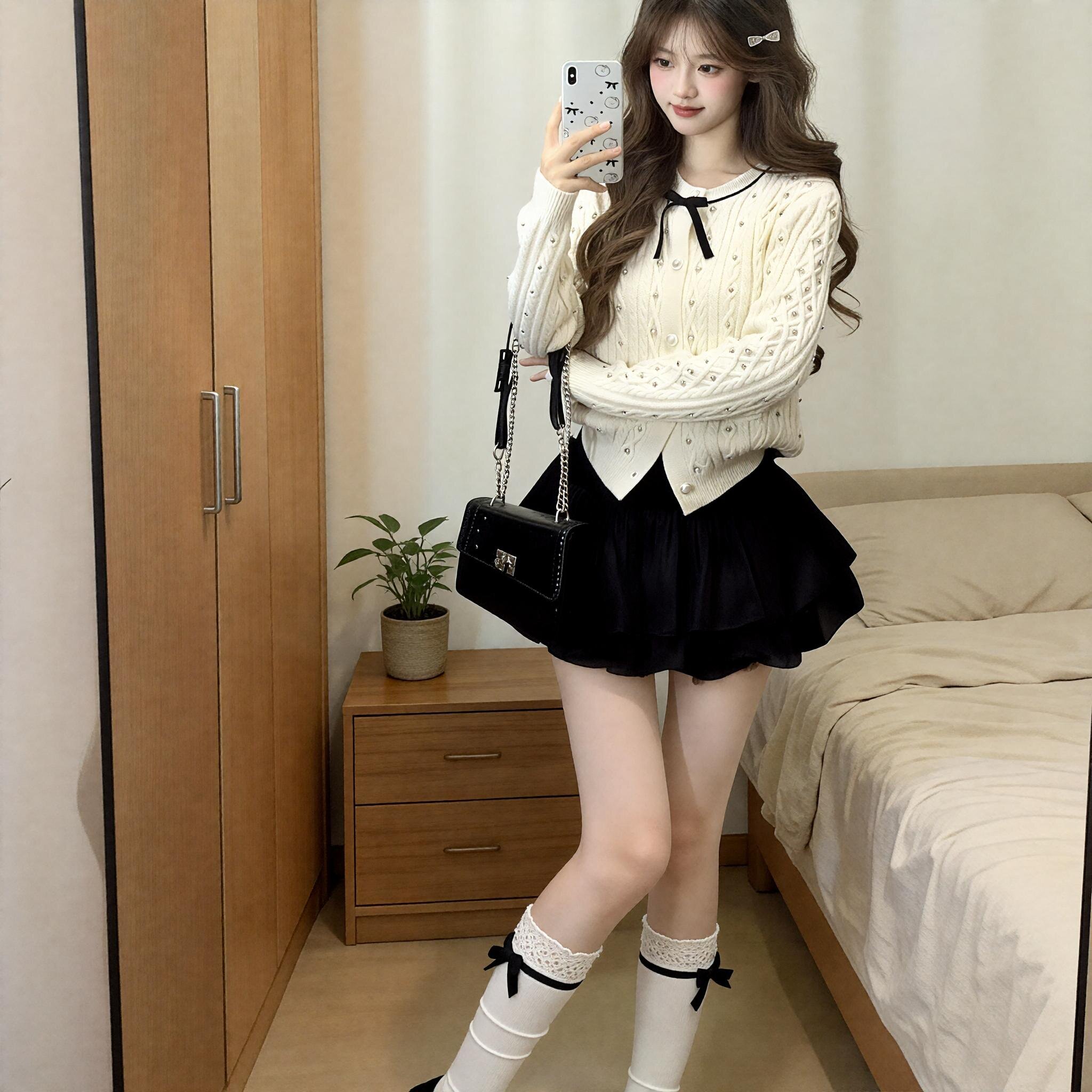 小香风蝴蝶结麻花针织开衫上衣设计白色甜美气质毛衣外套春秋