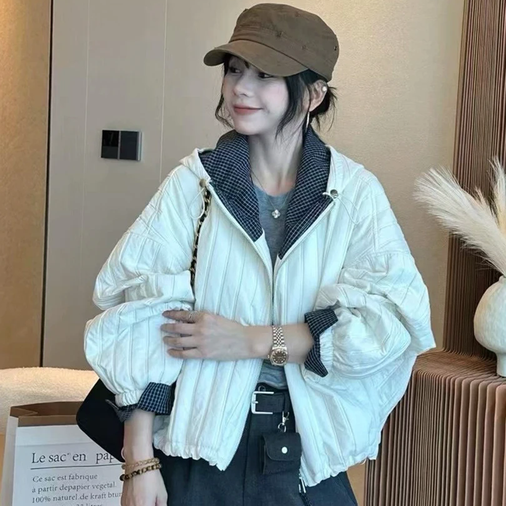 连帽洋气百搭夹棉短外套气质精致格子拼接夹克新款时尚宽松休闲女