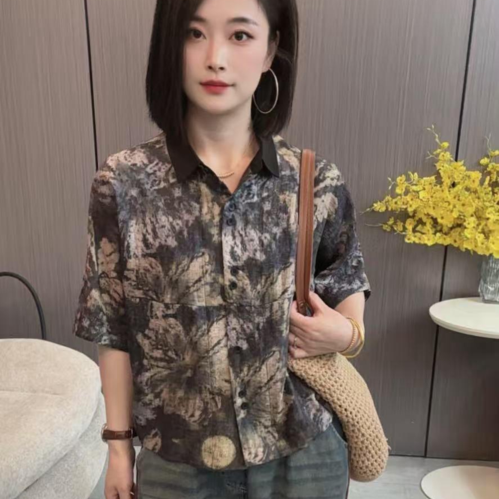 衬衫女夏款休闲时尚碎花韩版蝙蝠衫百搭洋气宽松减龄薄款花色衬衣