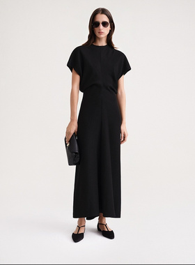 北欧风TOT黑色连衣裙女亚麻粘纤混纺收腰A字长裙显高显瘦礼服裙