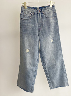 北欧Tot复古仿旧水洗浅蓝色破洞阔腿牛仔裤女高腰喇叭长裤子显瘦