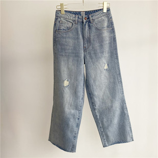 北欧Tot复古仿旧水洗浅蓝色破洞阔腿牛仔裤 子显瘦 女高腰喇叭长裤