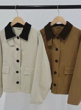 小禾粉秋新款巴恩风高密斜纹棉灯芯绒短款风衣女外套上衣夹克