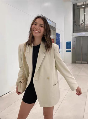 2021秋冬新款tot廓形双排扣西装西服外套女翻领黑白色百搭小众