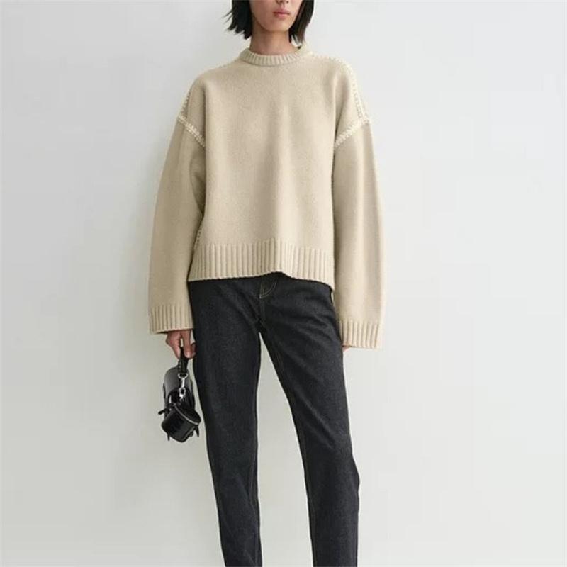 圆领宽松版羊毛拼接针织衫毛衣