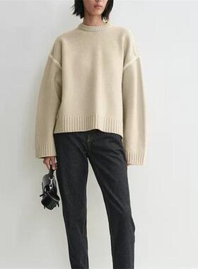 北欧小众TOT早春款麦色拼接刺绣落肩袖羊毛羊绒针织衫毛衣女上衣