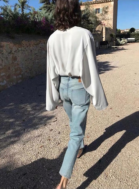 北欧小众tot扭缝不对称牛仔裤女宽松百搭高腰直筒裤九分显瘦