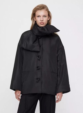 北欧风tot秋冬新款光泽感扭结扣宽松围巾夹克棉服棉衣外套女百搭