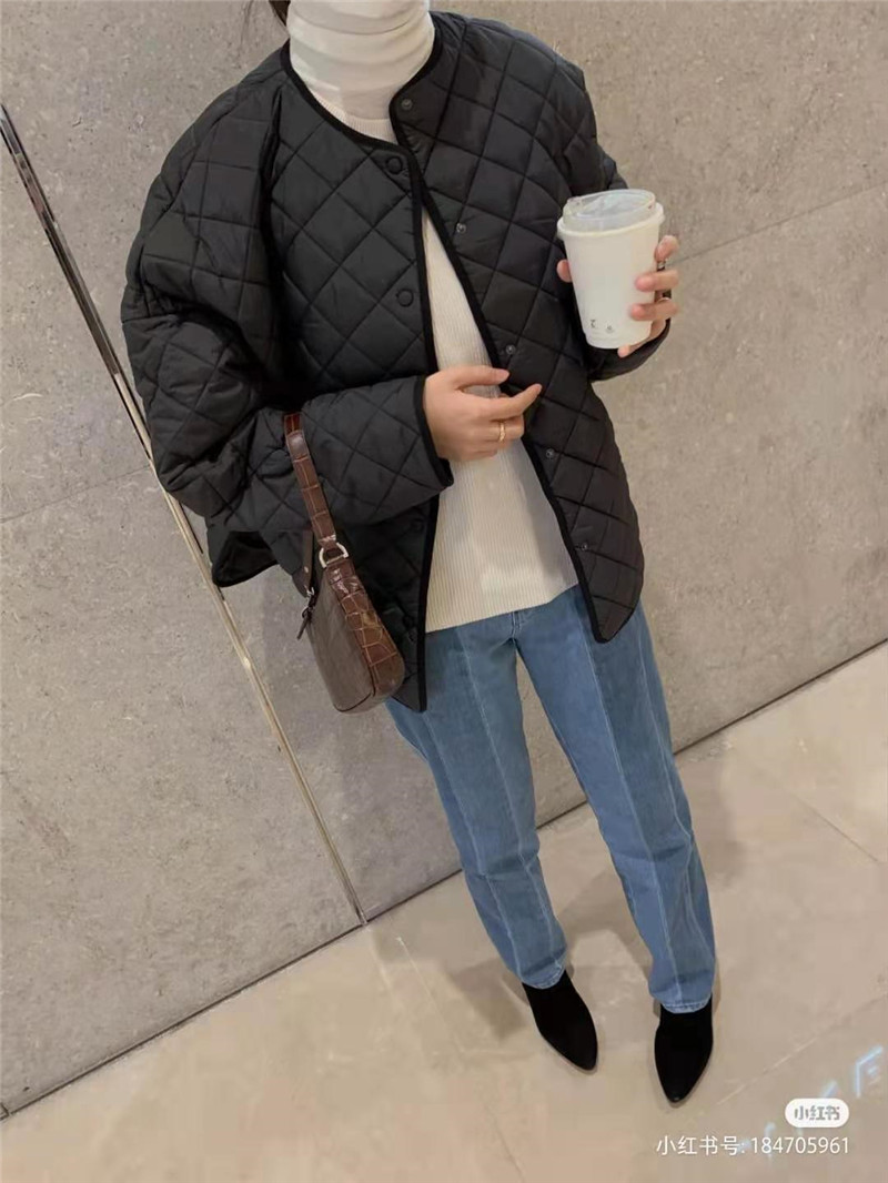 黑色菱格棉服女棉衣外套