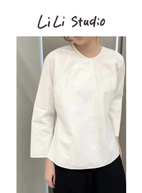 里里定制 | 新中式复古圆领斜襟白色纯棉文艺通勤衬衫min