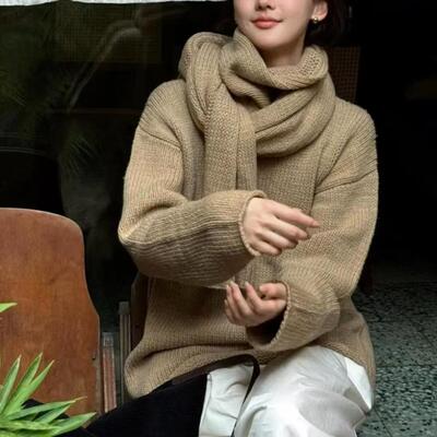 里里定制 秋冬新款圆领松弛感慵懒风纯色简约套头毛衣脖套两件套