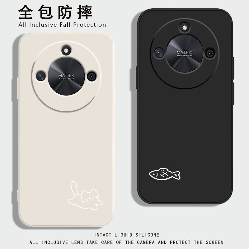 适用华为荣耀x50i+手机壳新款x50pro液态硅胶保护套x50gt小猫小鱼x4oGT竞速镜头全包防摔x40I网红超火男女款