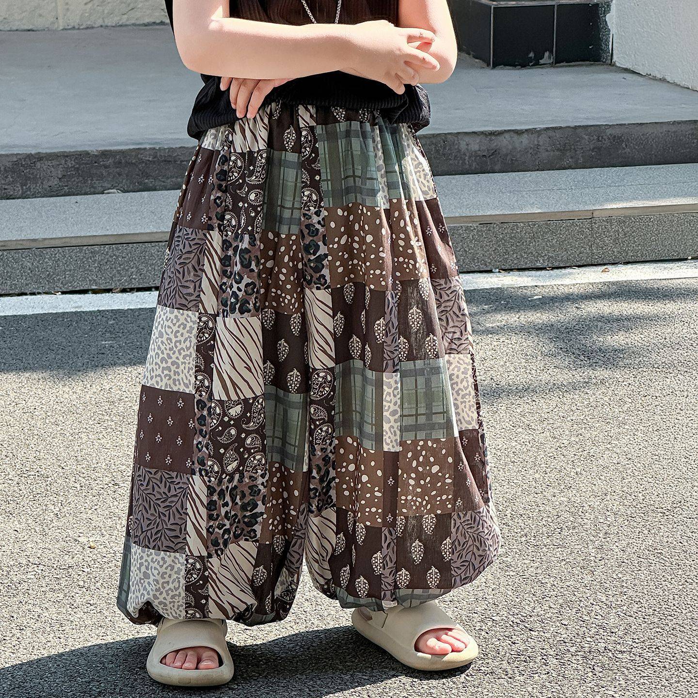 男童夏季防蚊裤儿童夏装2026新款潮范童装阔腿裤薄款格子民族风女