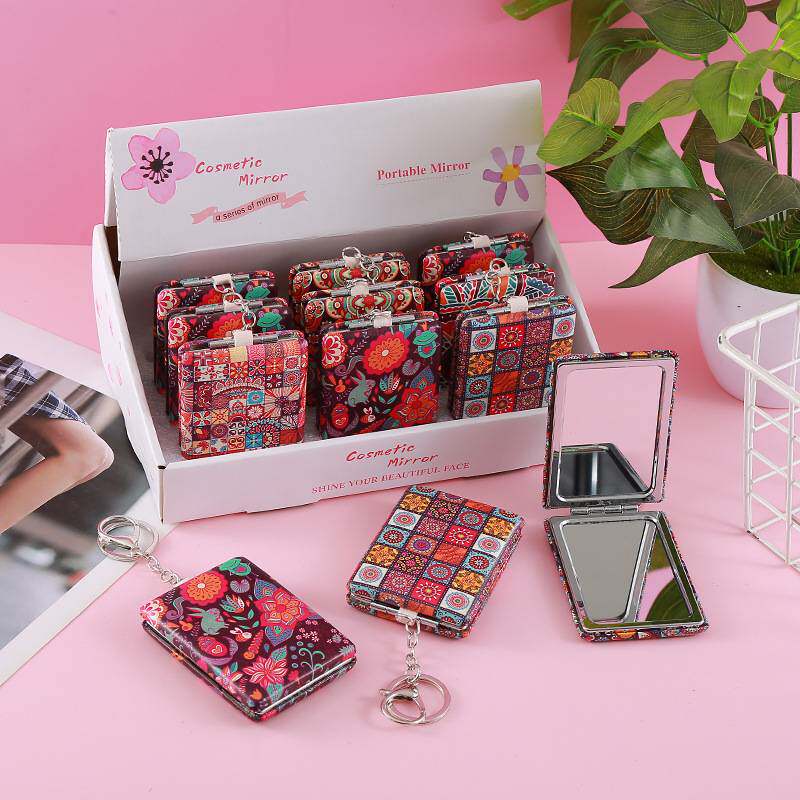 新款吊扣长方形面包镜化妆折叠镜复古波西米亚风双面口袋镜