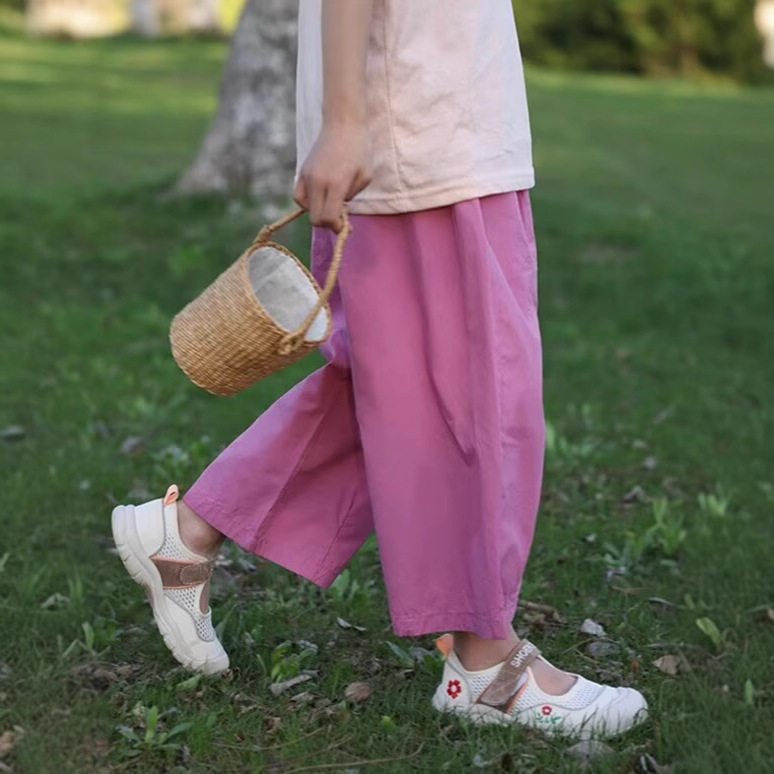 粉红色女童休闲裤夏季薄款学生儿童百搭阔腿裤防蚊裤宽松九分长裤