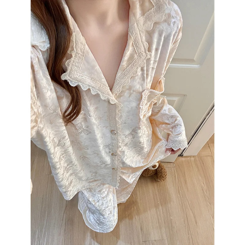维多利亚法式高级感睡衣女款秋冬季金丝绒保暖长袖开衫家居服套装