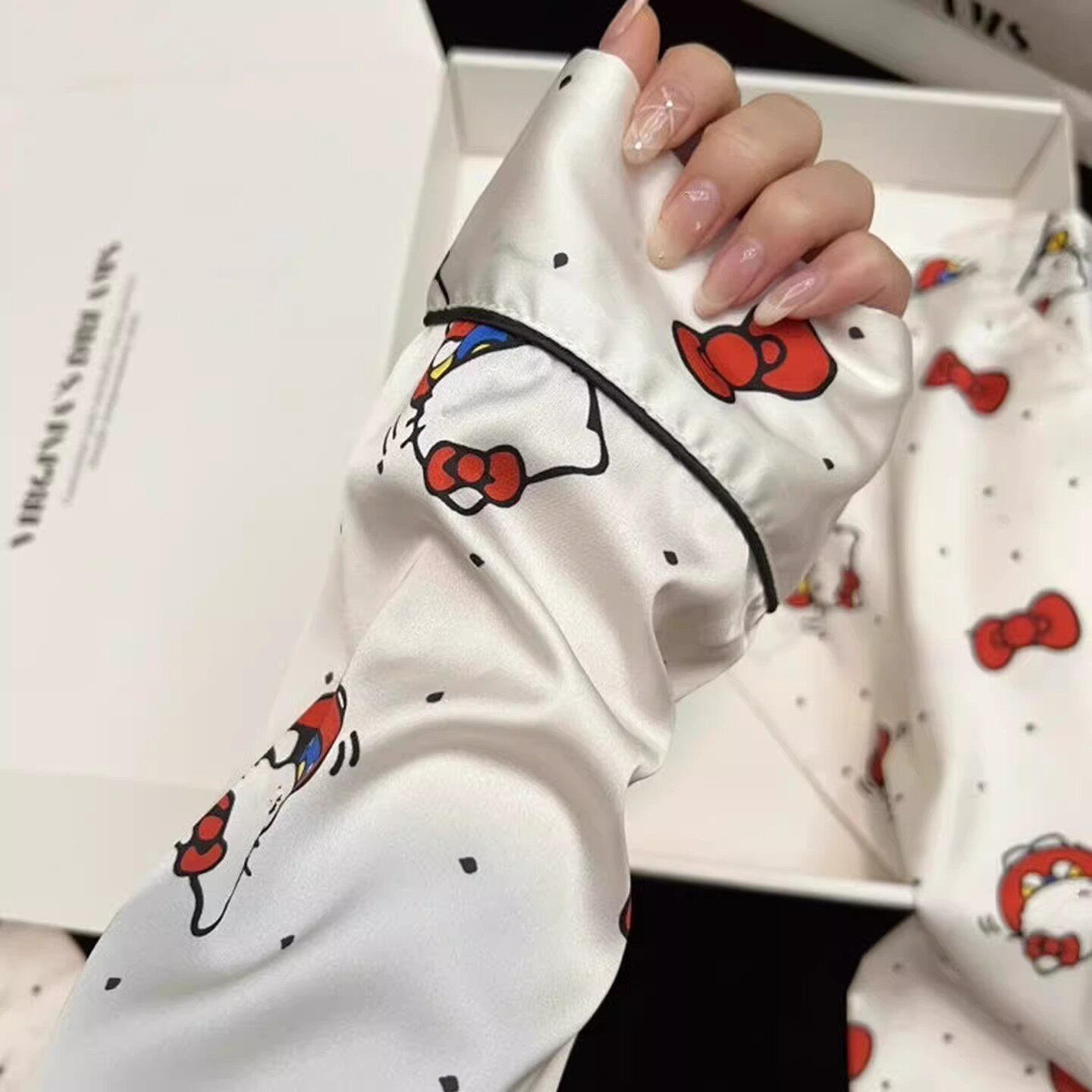 日本GP卡通猫咪甜美冰丝睡衣女春秋款可爱卡通长袖夏天薄款家居服