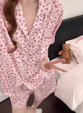 日本GP甜美豹纹真冰丝睡衣女夏季新款短袖短裤薄款舒适家居服套装