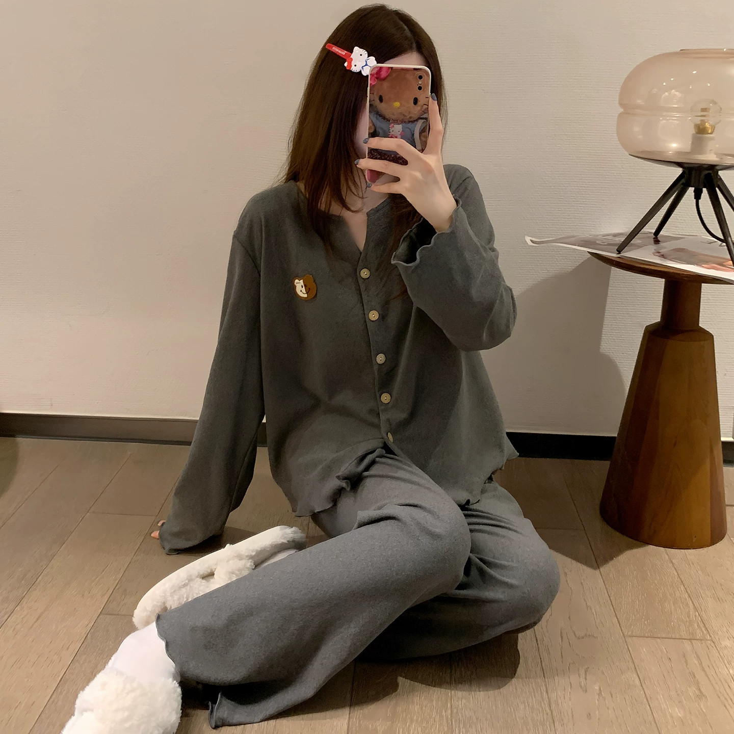法国HoHiO卡通小熊双面德绒睡衣女款春秋冬季长袖保暖家居服套装