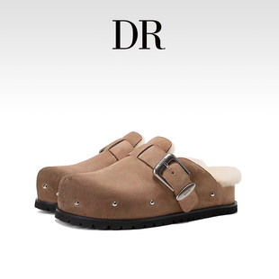 厚底一脚蹬懒人鞋 女2025新款 铆钉勃肯真皮包头半拖鞋 DR官方正品