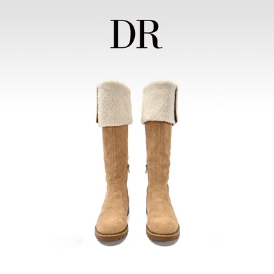 DR官方正品巨显瘦复古时装靴四季通用欧美卡其色厚底圆头绒面靴子