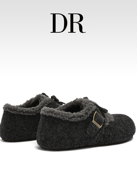 DR官方正品爆款灰色毛呢毛绒勃肯鞋女2025冬季加绒保暖懒人毛毛鞋