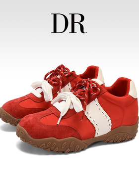 DR官方正品真皮复古红色德训鞋女2025秋冬厚底系带休闲运动阿甘鞋