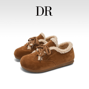 真皮休闲系带保暖勃肯鞋 女2025冬季 棕色羊羔毛德训鞋 DR官方正品