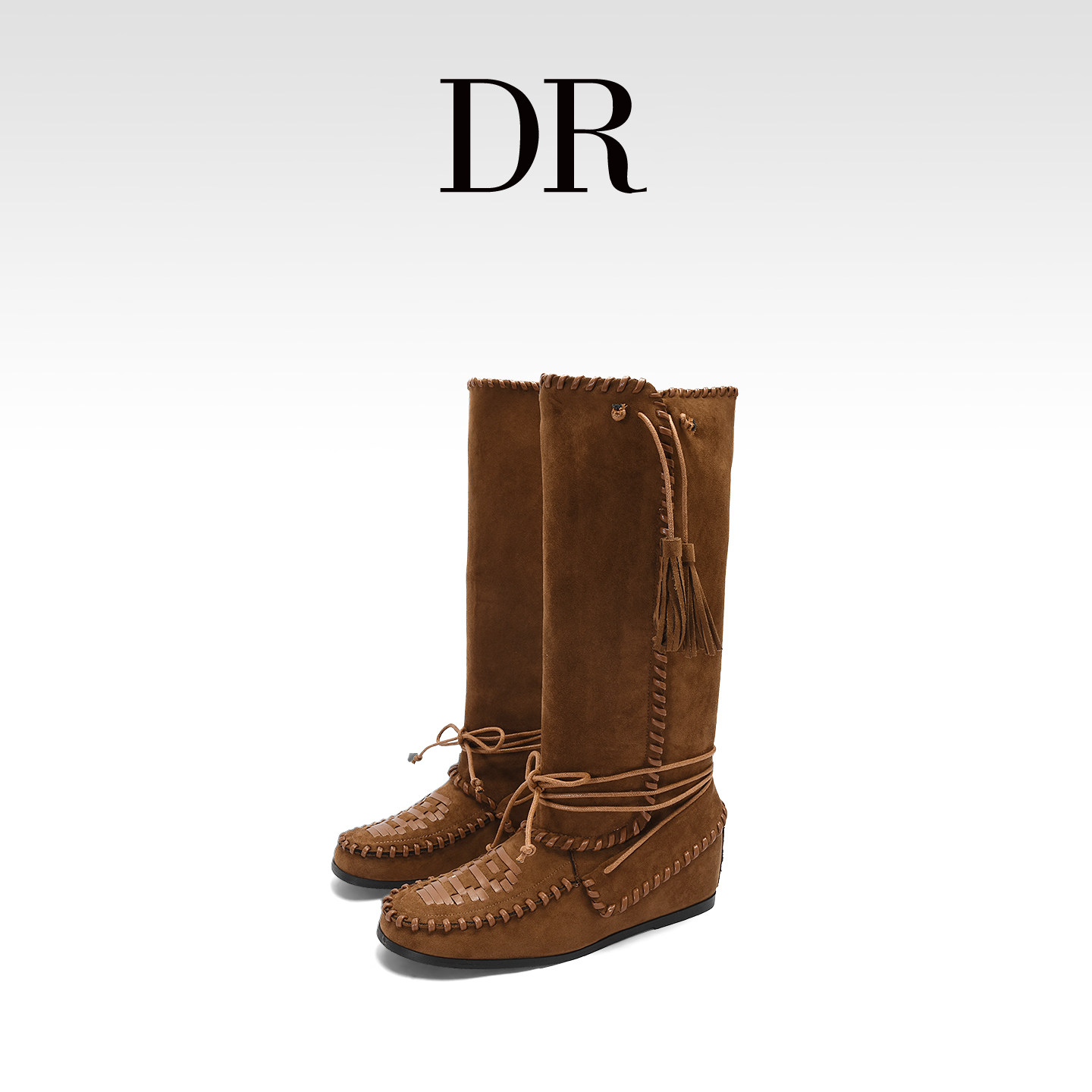 可翻折显瘦西部靴内增高流苏绑带