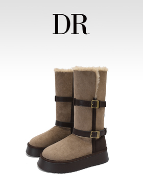 DR官方正品真皮加绒两穿拼色雪地靴女2025冬厚底保暖皮带扣高筒靴