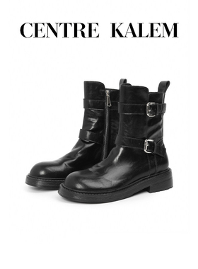 【CENTREKALEM鞋履】水洗纹复古瘦瘦短靴女双扣带厚底黑色马丁靴