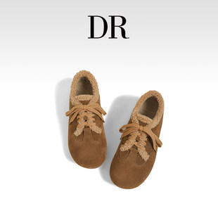 女2025冬棕色加绒保暖系带休闲鞋 DR官方正品 厚底毛绒鞋 棉鞋 德训鞋