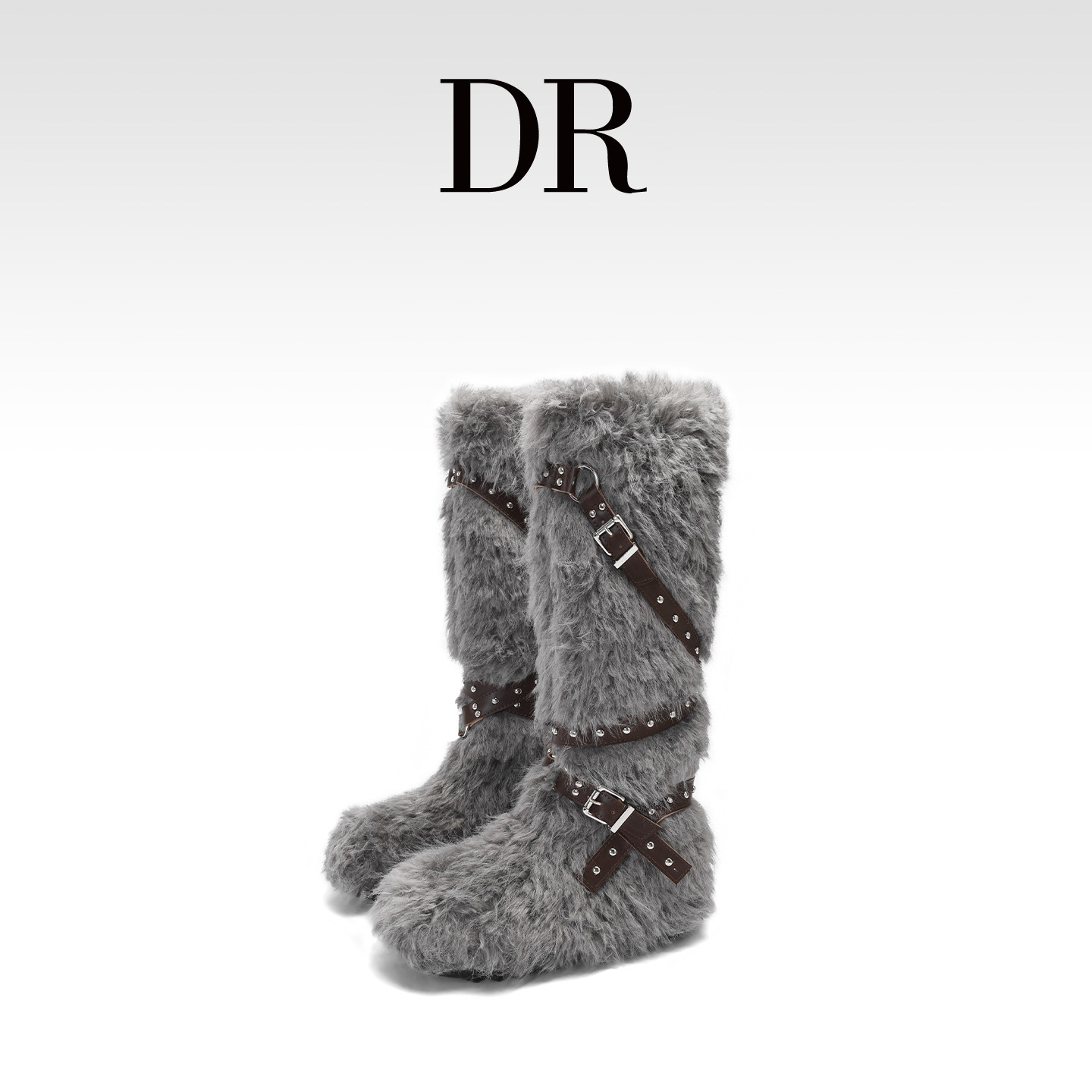 铆钉交叉绑带高筒毛毛靴雪地靴女