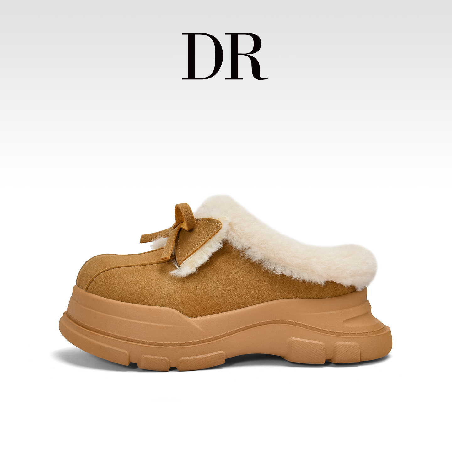 DR官方正品可爱蝴蝶结一脚蹬半拖包头棉鞋加绒厚底短靴羊毛雪地靴