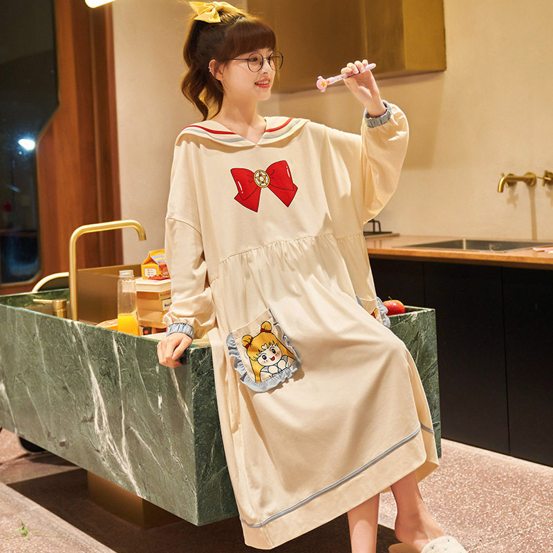 秋冬棉质睡裙娃娃领连体裙宽松加大码睡衣女士可爱卡通长袖家居服