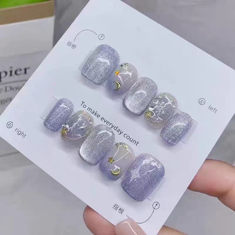纯手工穿戴美甲晶石猫眼蓝紫星星月亮高级气质显白美甲贴片可拆卸