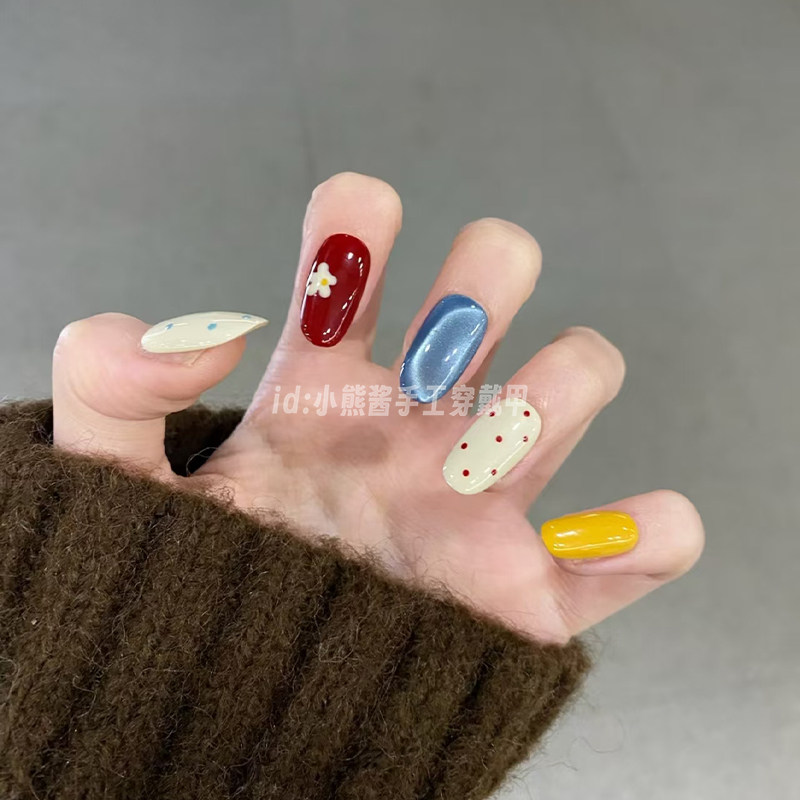 【彩虹糖果】纯手工多巴胺穿戴甲波点猫眼美甲中长款显白2026新款