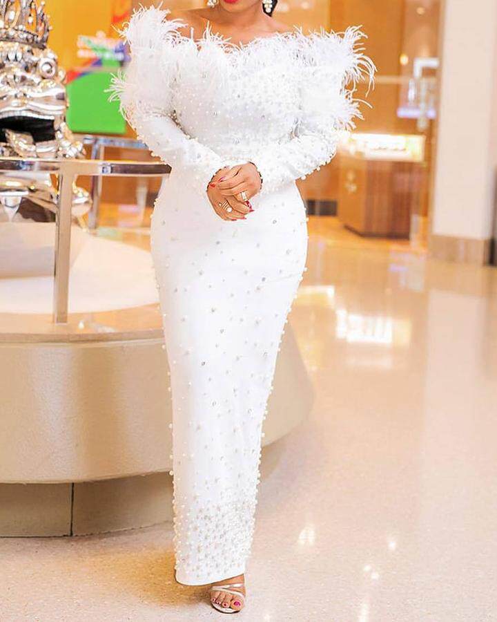 African Women White Long Party Dress裹胸典雅白钉珠气质晚礼服