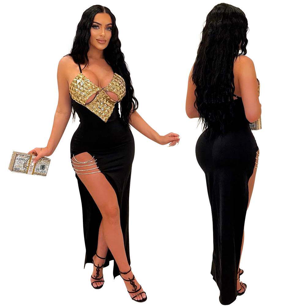欧美性感吊带高开叉大码连衣裙女Women's sexy halter slit d