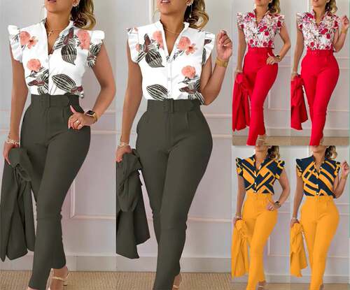 Printed top and pants set时尚印花荷叶袖上衣纯色裤套装配腰带