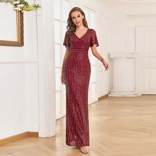 弹力闪亮亮片落地美人鱼晚礼服 Sequin prom evening Party dress