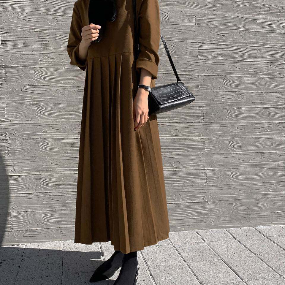 秋冬新款韩国东大门ins减龄拼接百褶长袖连衣裙 Patchwork skirt