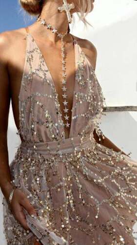 欧美ins性感露背绑带系带收腰流苏亮片吊带裙晚会宴会晚礼服晚装
